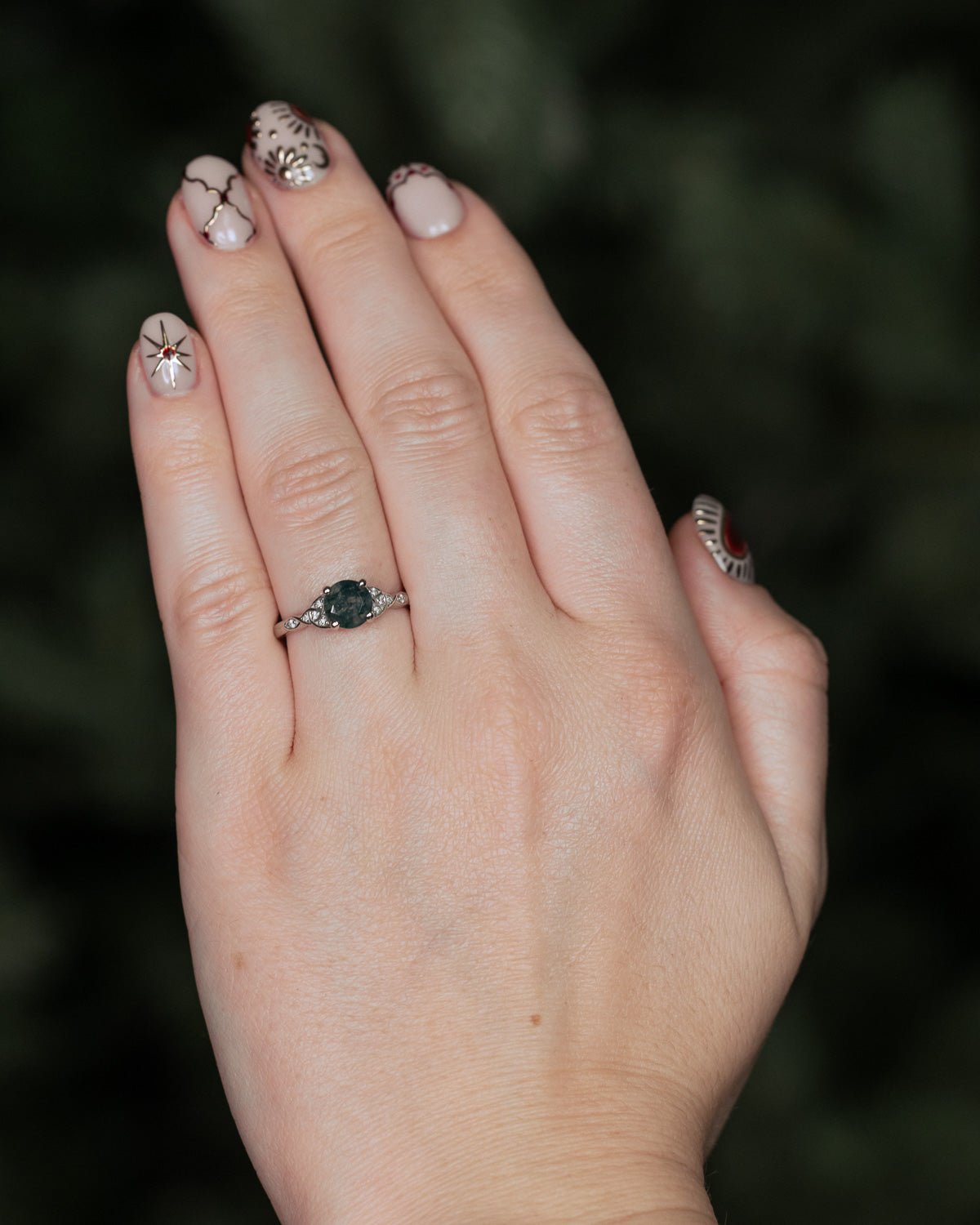 "Aife" - Round Cut Moss Agate Engagement Ring With Celtic Knot Filigree