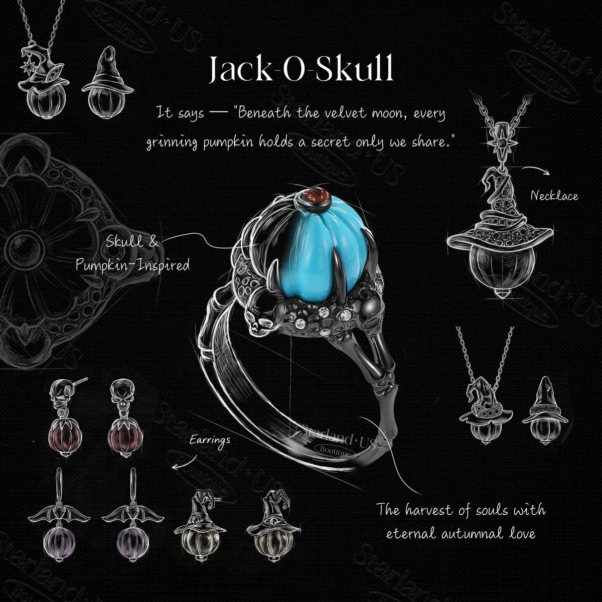 Gothic Style Unique Pumpkin Shaped Turquoise & Citrine Halloween Jewelry Set - The Pumpkin Collection