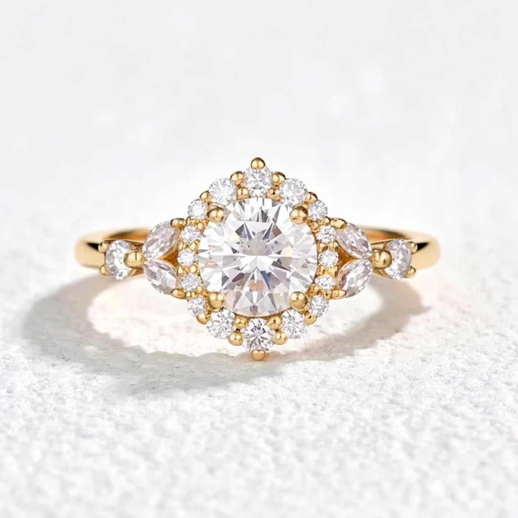 Aurora’s Radiance | Vintage Round Diamond Halo Engagement Ring
