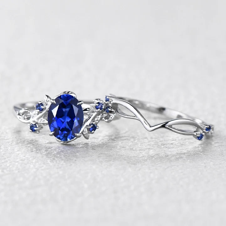 Alexandra’s Heritage | Art Deco Oval Blue Sapphire Vine Bridal Set 2pcs