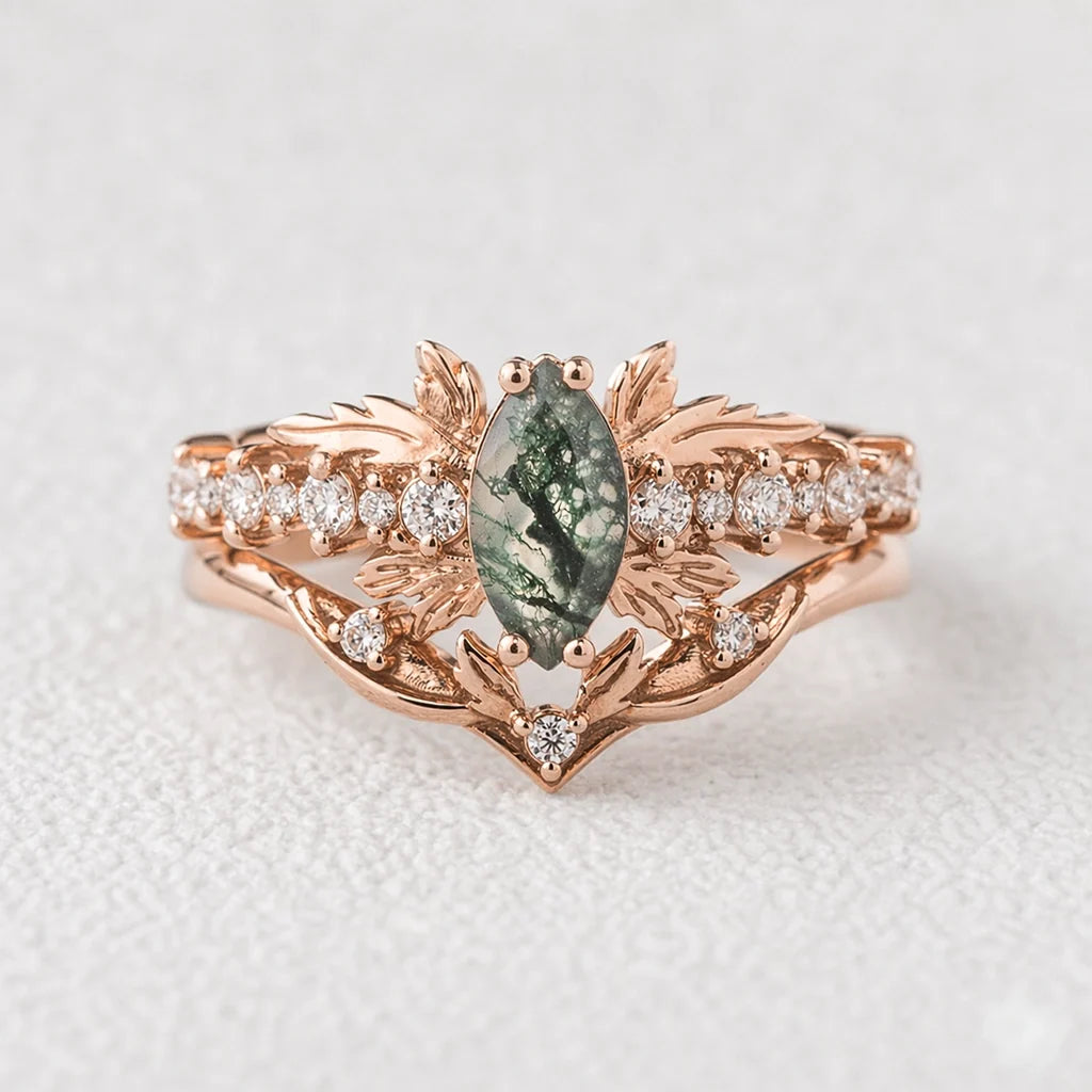 Aurora’s Moss Wing | Marquise Moss Agate Vintage Bridal Set 2pcs