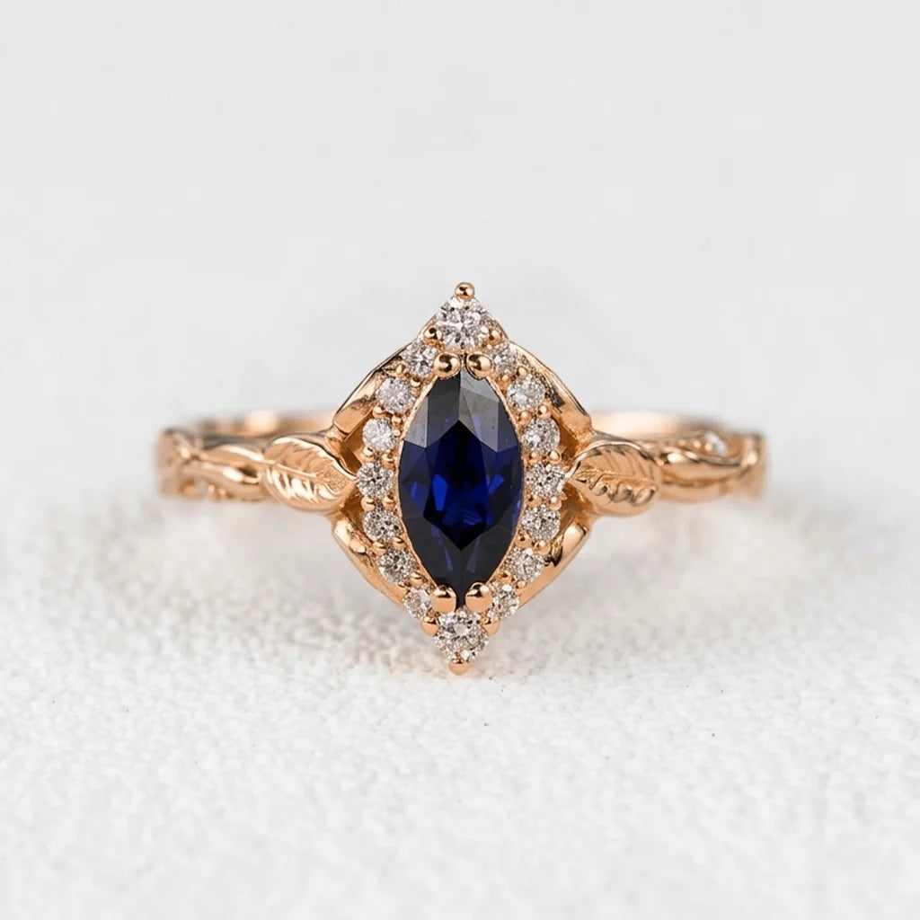 Victoria’s Diadem | Marquise Cut Sapphire & Diamond Halo Bridal Set 2pcs