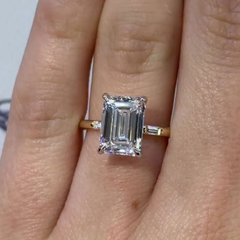 Two Tone Emerald Cut Sterling Silver Engagement Ring