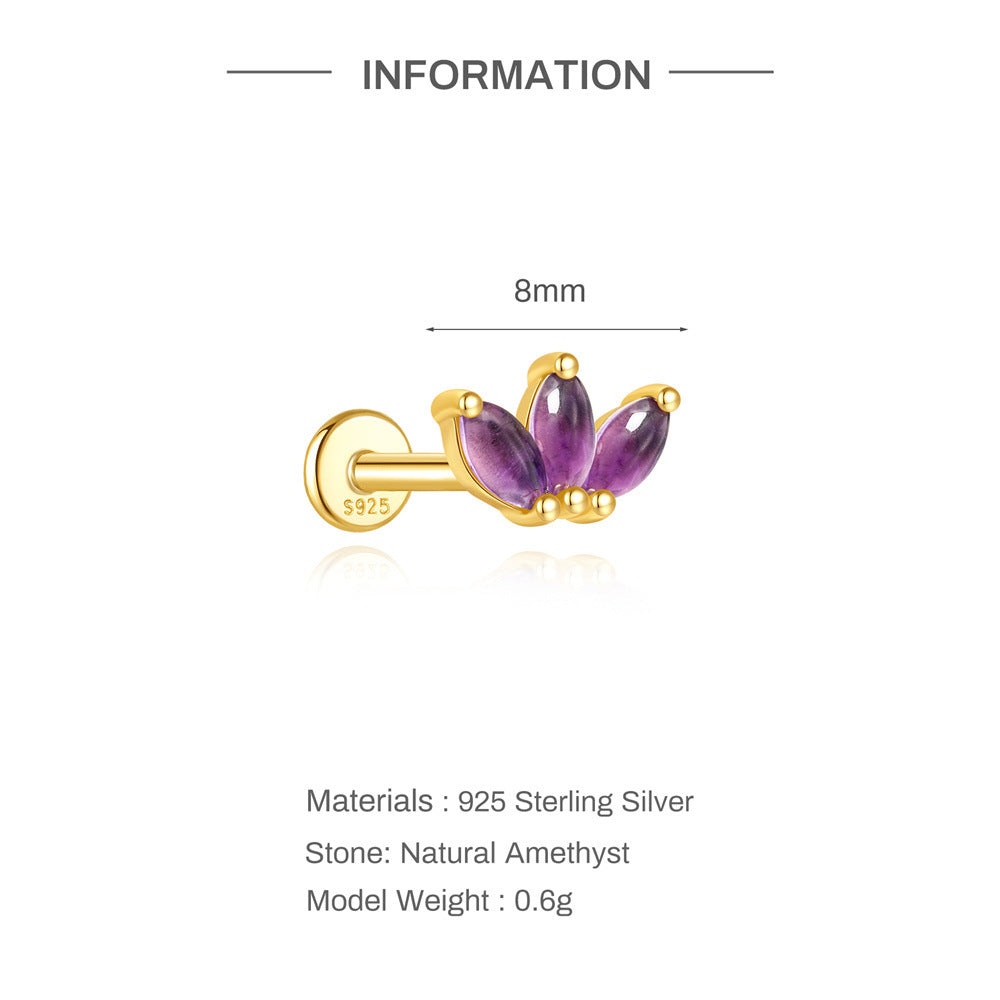 S925 Sterling Silver Natural Amethyst Geometric Cartilage Earring 16G Flat Back Earrings