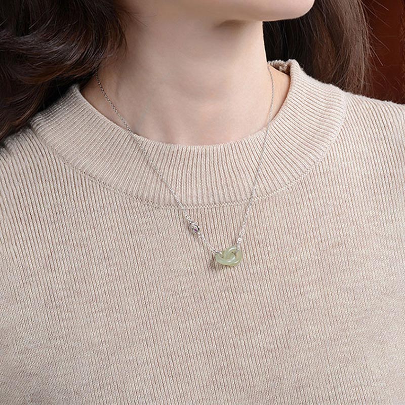 Fortune Jewel 925 Sterling Silver Round Jade Luck Prosperity Necklace Chain Pendant