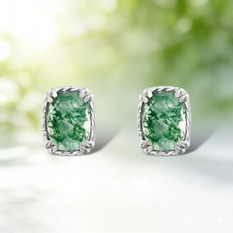 Vintage 5x7mm Cushion Cut Moss Agate Stud Rope Earrings