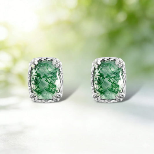 Vintage 5x7mm Cushion Cut Moss Agate Stud Rope Earrings