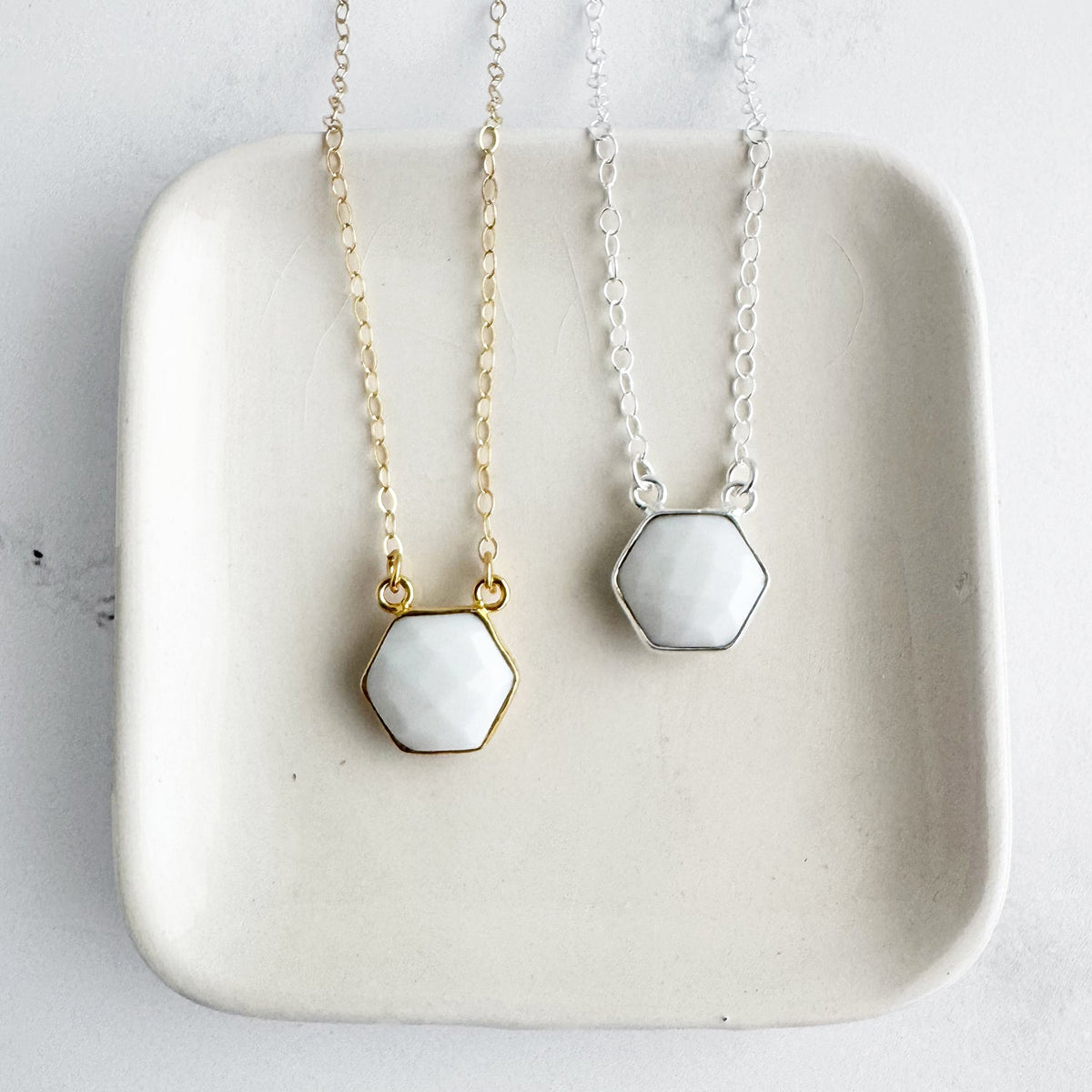 Small White Agate Hexagon Bezel Necklace