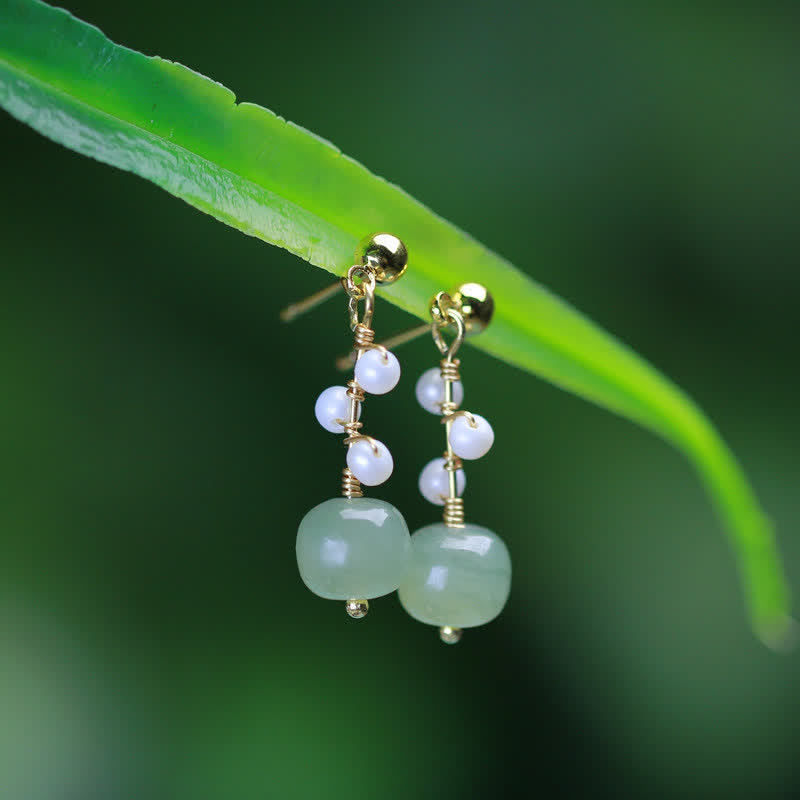 Fortune Jewel Hetian Jade Flower Pattern 14K Gold Plated Luck Drop Dangle Earrings