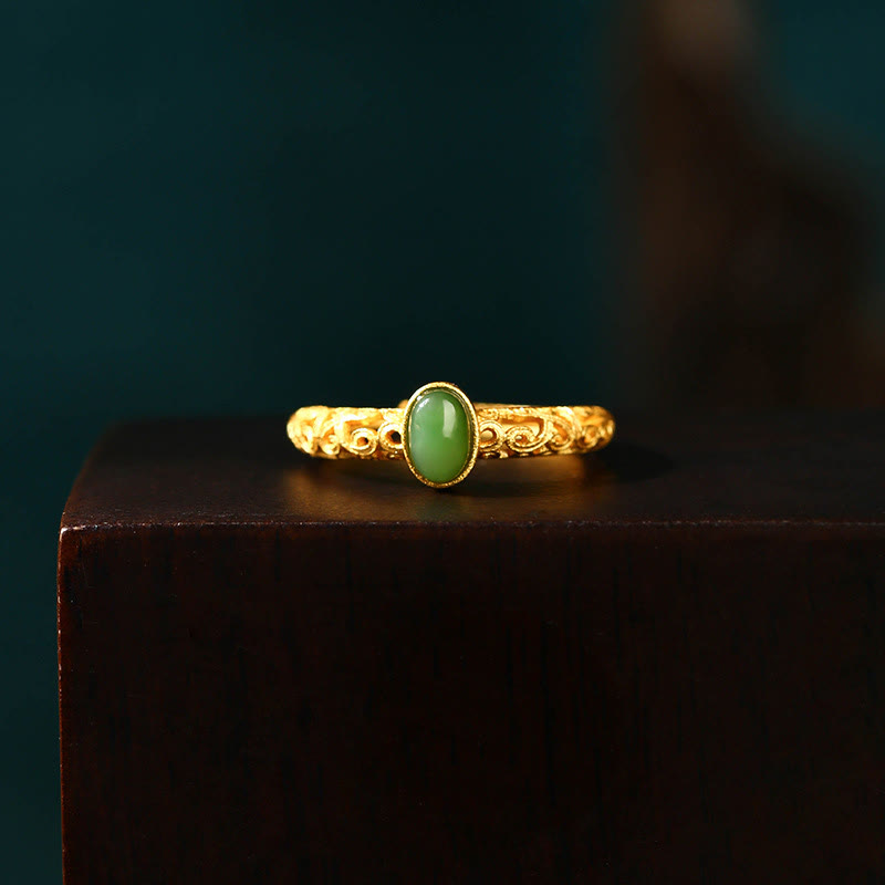 Fortune Jewel Auspicious Cloud Pattern Cyan Jade Luck Adjustable Ring