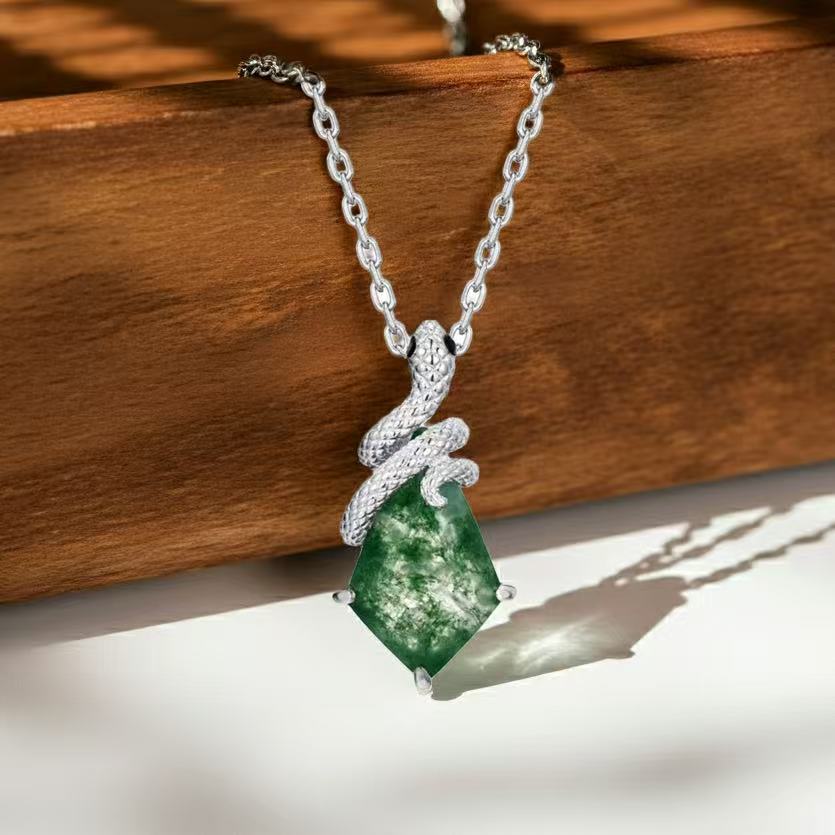 Kite Cut Lab Emerald Mystical Serpent Carved Nature Inspired Necklace - Cloak