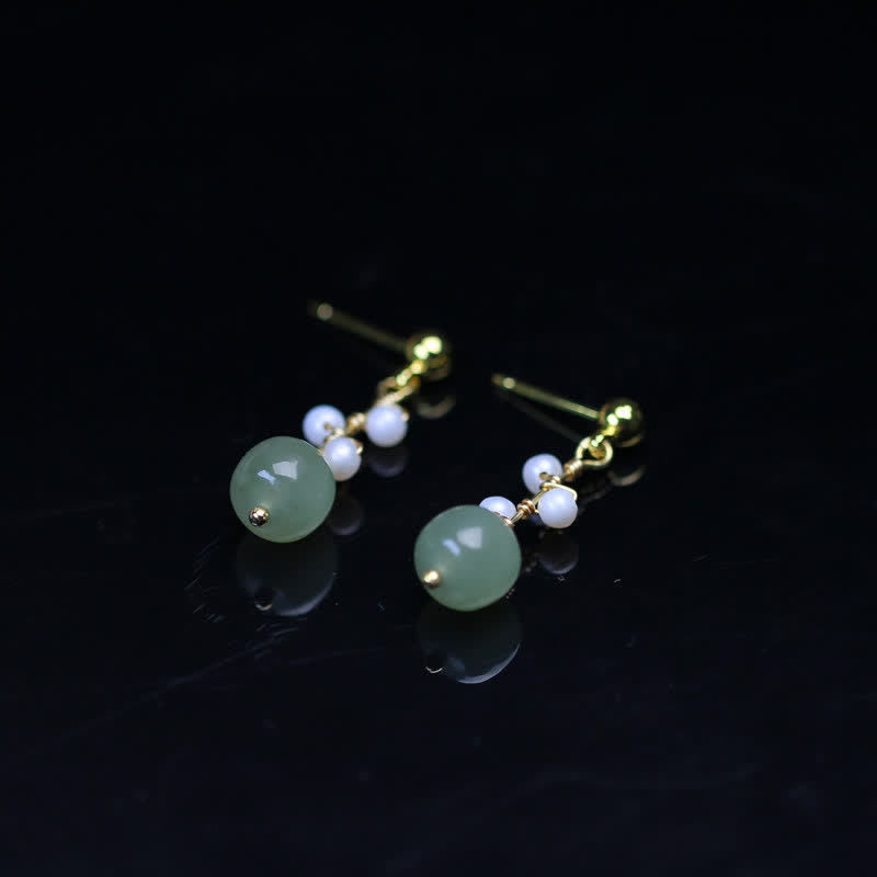 Fortune Jewel Hetian Jade Flower Pattern 14K Gold Plated Luck Drop Dangle Earrings