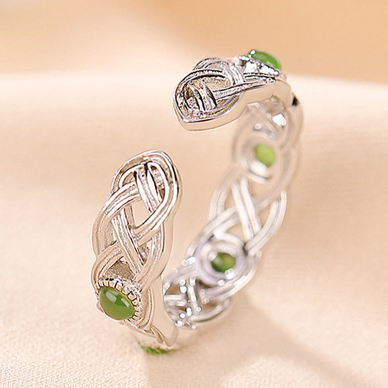 Fortune Jewel 925 Sterling Silver Plated Gold Cyan Jade Braided Design Success Luck Adjustable Ring