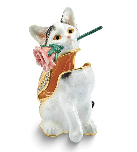 Bejeweled "Rosey Rascal" Cat with Rose Trinket Box with Matching Necklace