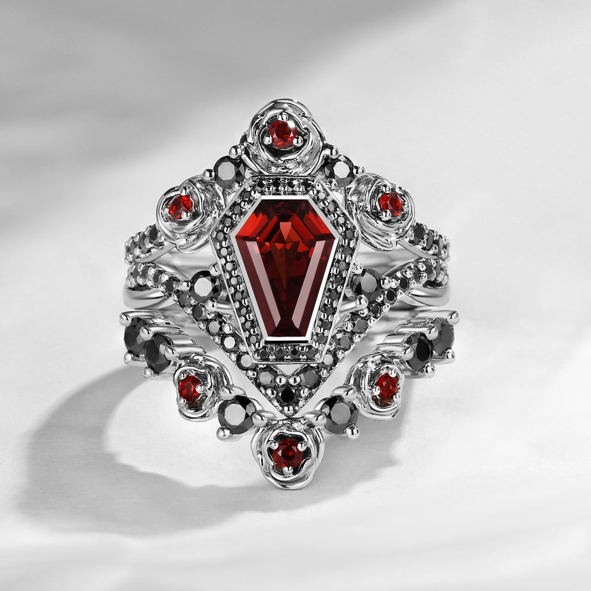 Unique Coffin Salt & Pepper Diamond Gothic Rose Flower Engagement Ring Set 3pcs