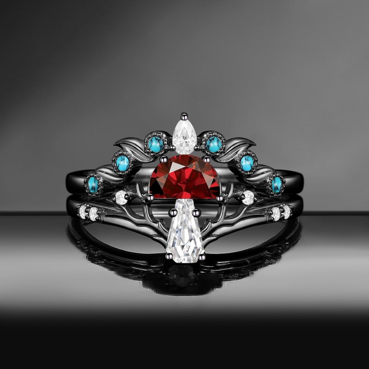 Tree of Life – Nature Inspired Half Moon Lab Pink Sapphire & Coffin Moissanite Mushroom Engagement Ring Set
