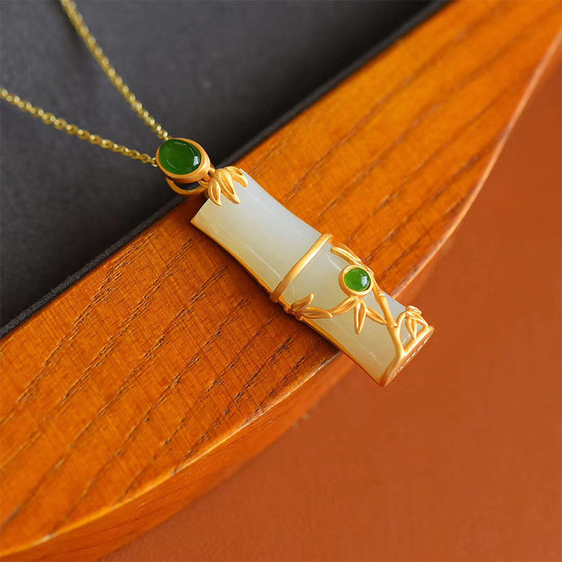 Fortune Jewel White Jade Cyan Jade Bamboo Protection Necklace Pendant