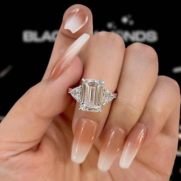 Deluxe Emerald Cut 7.5ct Three Stone Engagement Ring In Sterling Silver