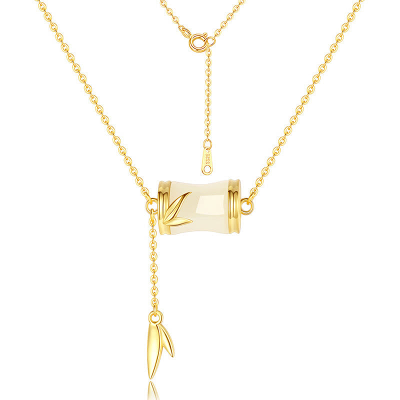 Fortune Jewel 925 Sterling Silver 22K Gold Hetian White Jade Bamboo Leaf Luck Necklace Pendant Bracelet