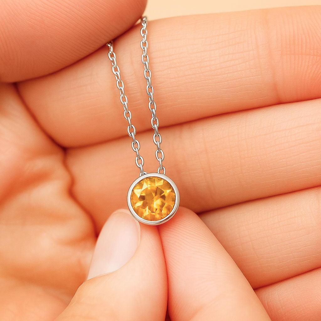 Round Citrine Sterling Silver Slide Pendant Necklace