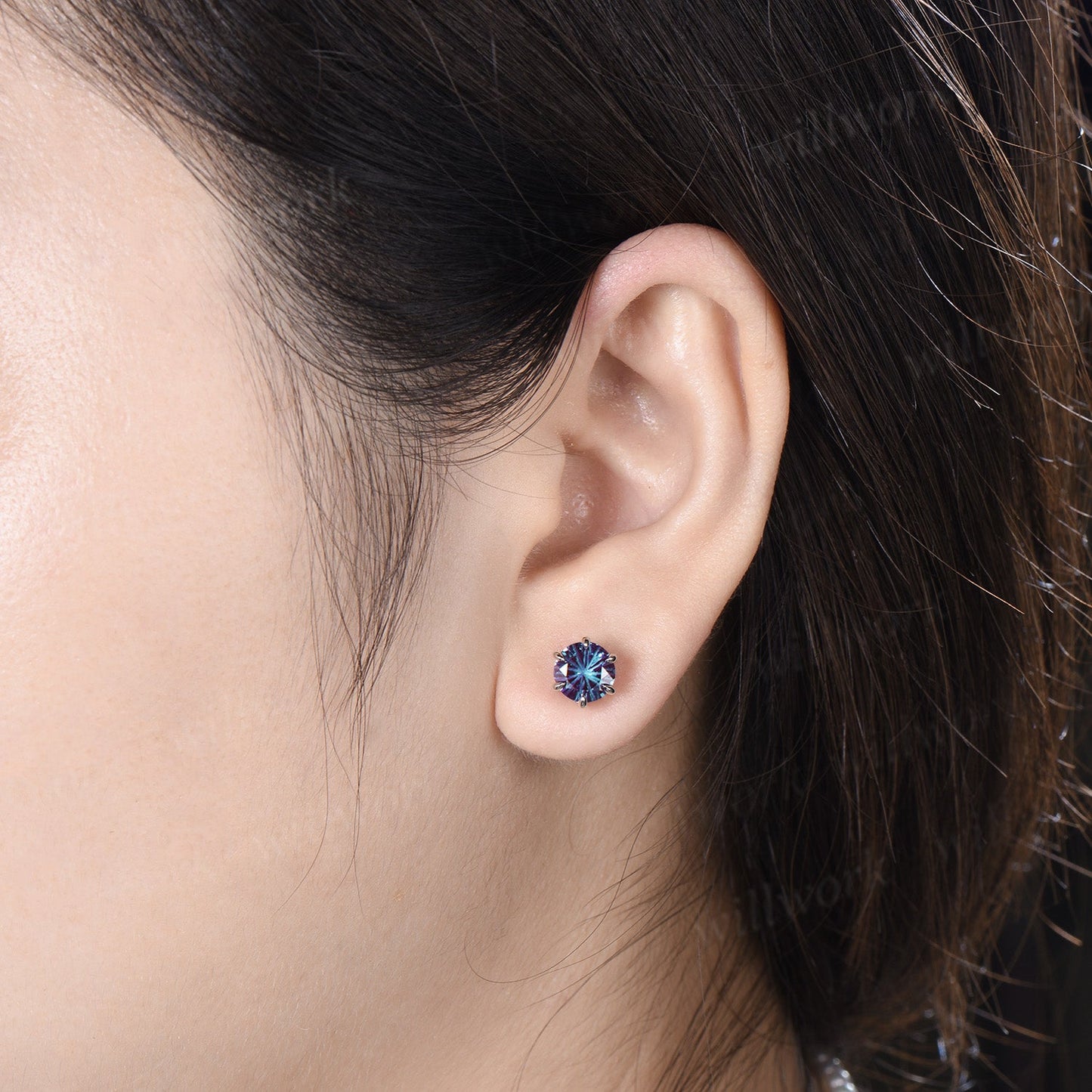 Round Fireworks Cut Alexandrite Stud Earrings Claw Prong Solitaire Minimalist Earrings Color Change Gem Jewelry
