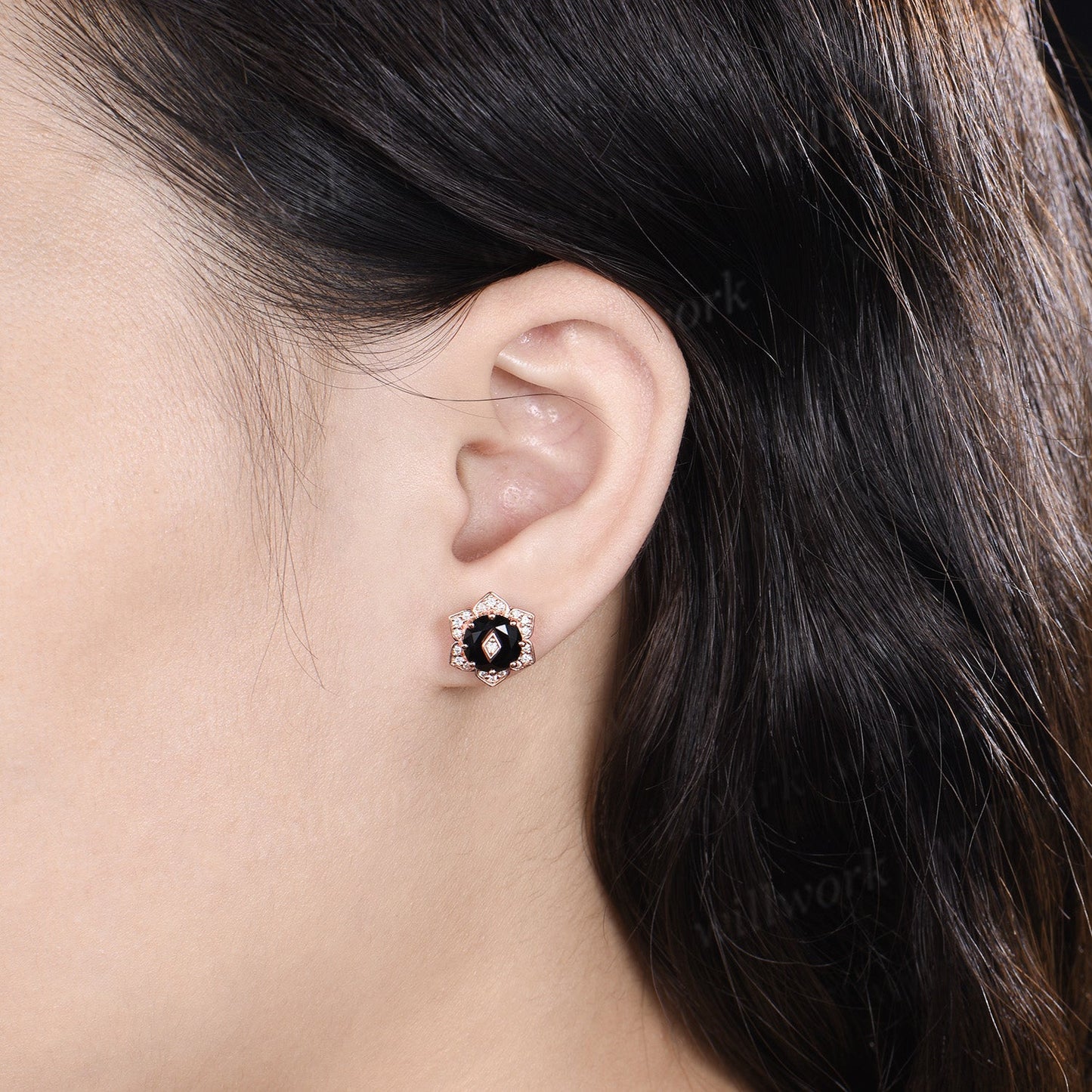 Round Black Onyx Floral Halo Stud Earrings Art Deco Diamond Halo Earrings with Rhombus Inset Unique Flower Earrings