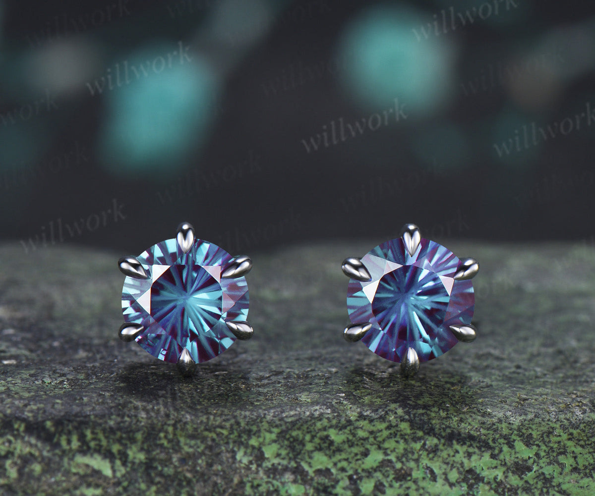 Round Fireworks Cut Alexandrite Stud Earrings Claw Prong Solitaire Minimalist Earrings Color Change Gem Jewelry