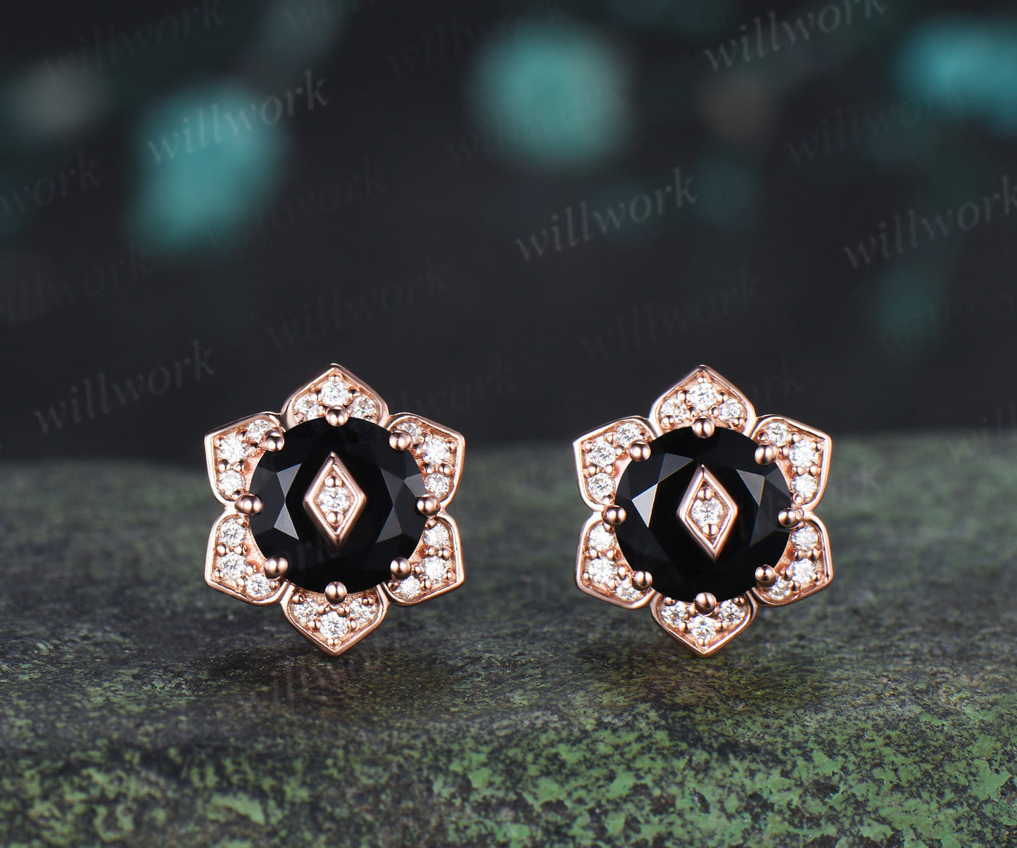 Round Black Onyx Floral Halo Stud Earrings Art Deco Diamond Halo Earrings with Rhombus Inset Unique Flower Earrings