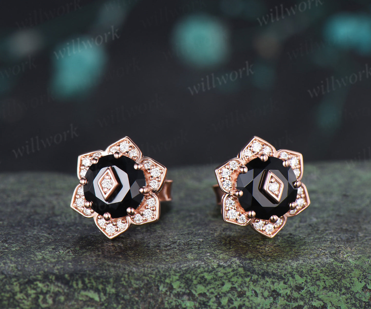 Round Black Onyx Floral Halo Stud Earrings Art Deco Diamond Halo Earrings with Rhombus Inset Unique Flower Earrings