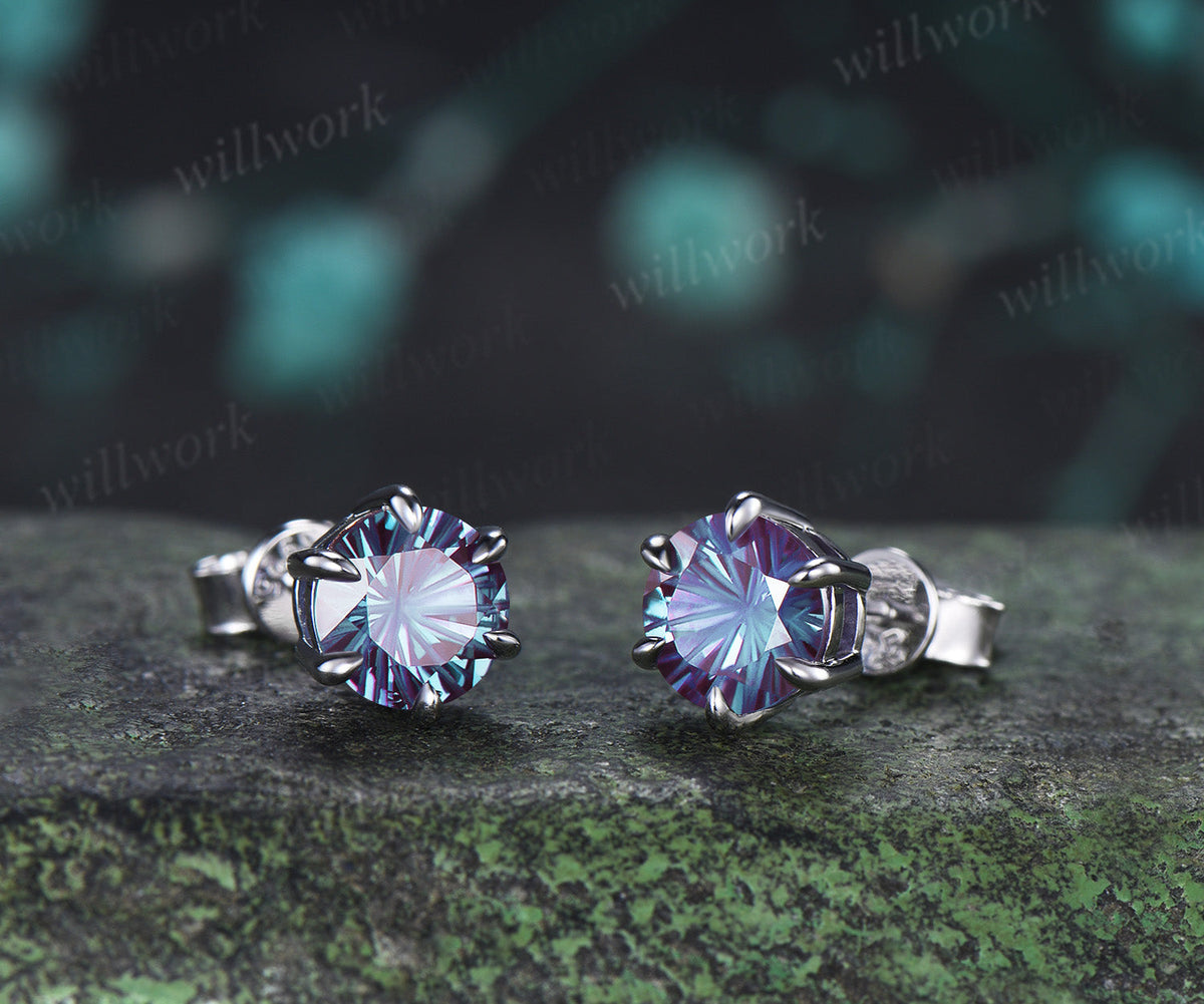 Round Fireworks Cut Alexandrite Stud Earrings Claw Prong Solitaire Minimalist Earrings Color Change Gem Jewelry