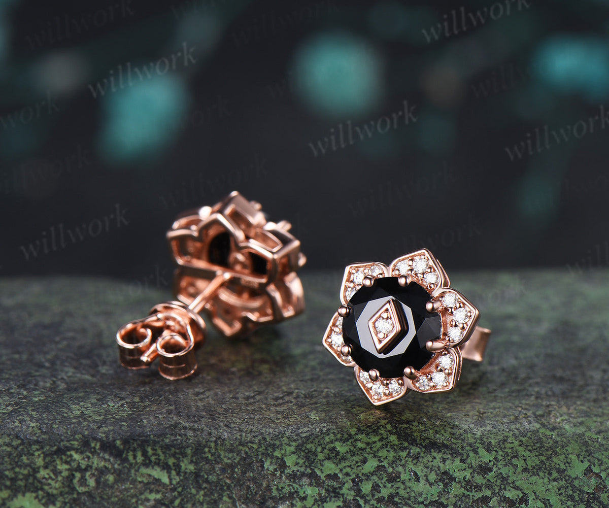 Round Black Onyx Floral Halo Stud Earrings Art Deco Diamond Halo Earrings with Rhombus Inset Unique Flower Earrings