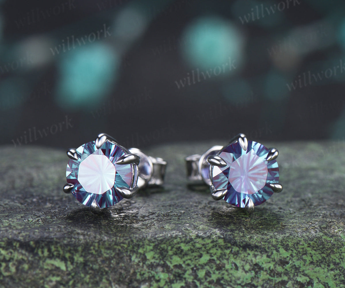 Round Fireworks Cut Alexandrite Stud Earrings Claw Prong Solitaire Minimalist Earrings Color Change Gem Jewelry