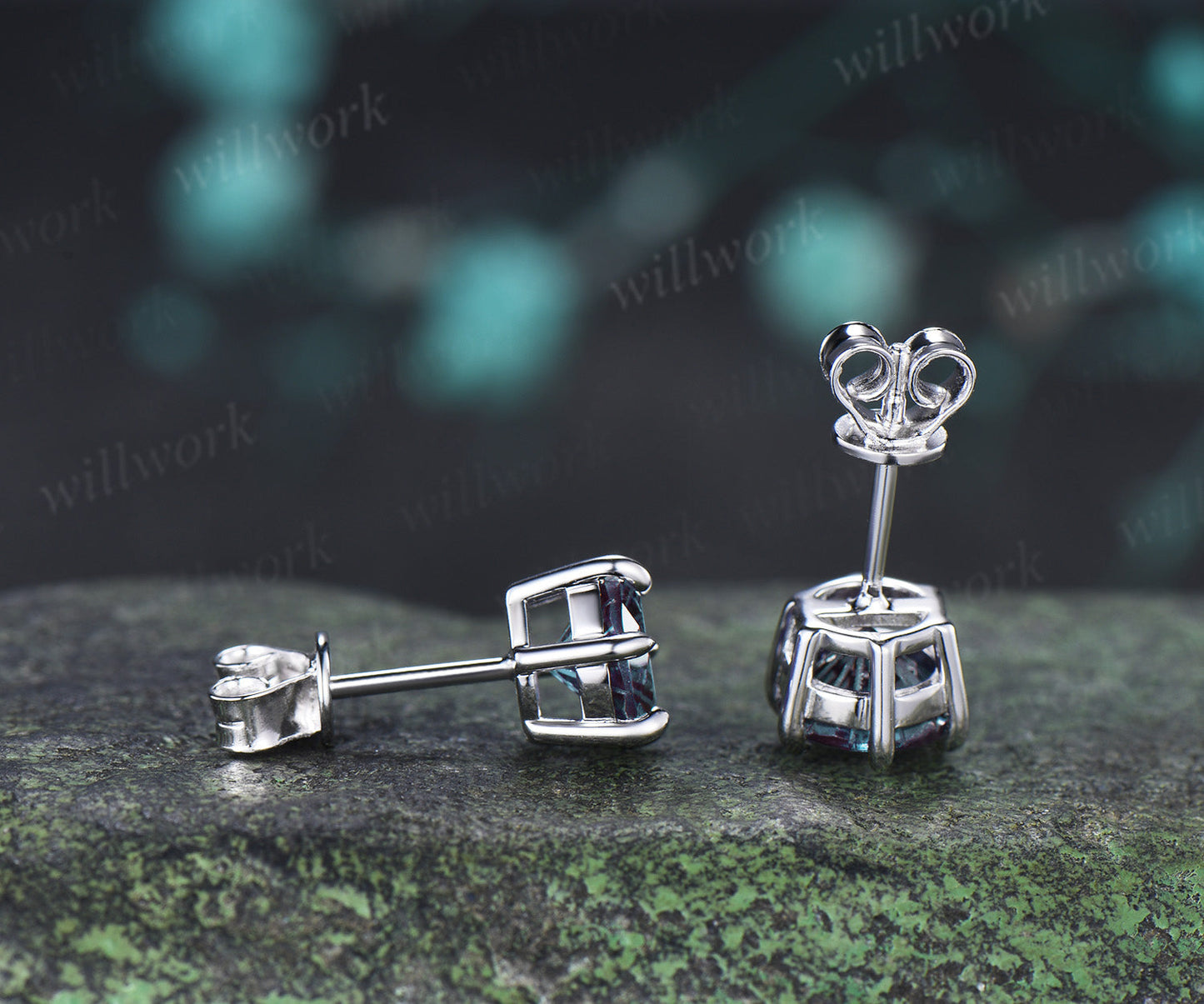 Round Fireworks Cut Alexandrite Stud Earrings Claw Prong Solitaire Minimalist Earrings Color Change Gem Jewelry