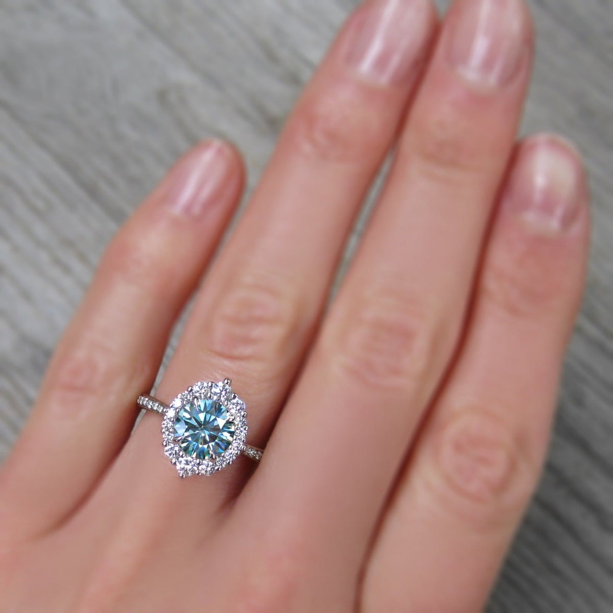 ・EMERSON・Aqua-Teal Iconic™ Moissanite Center, Diamond Halo (1.58ctw+)