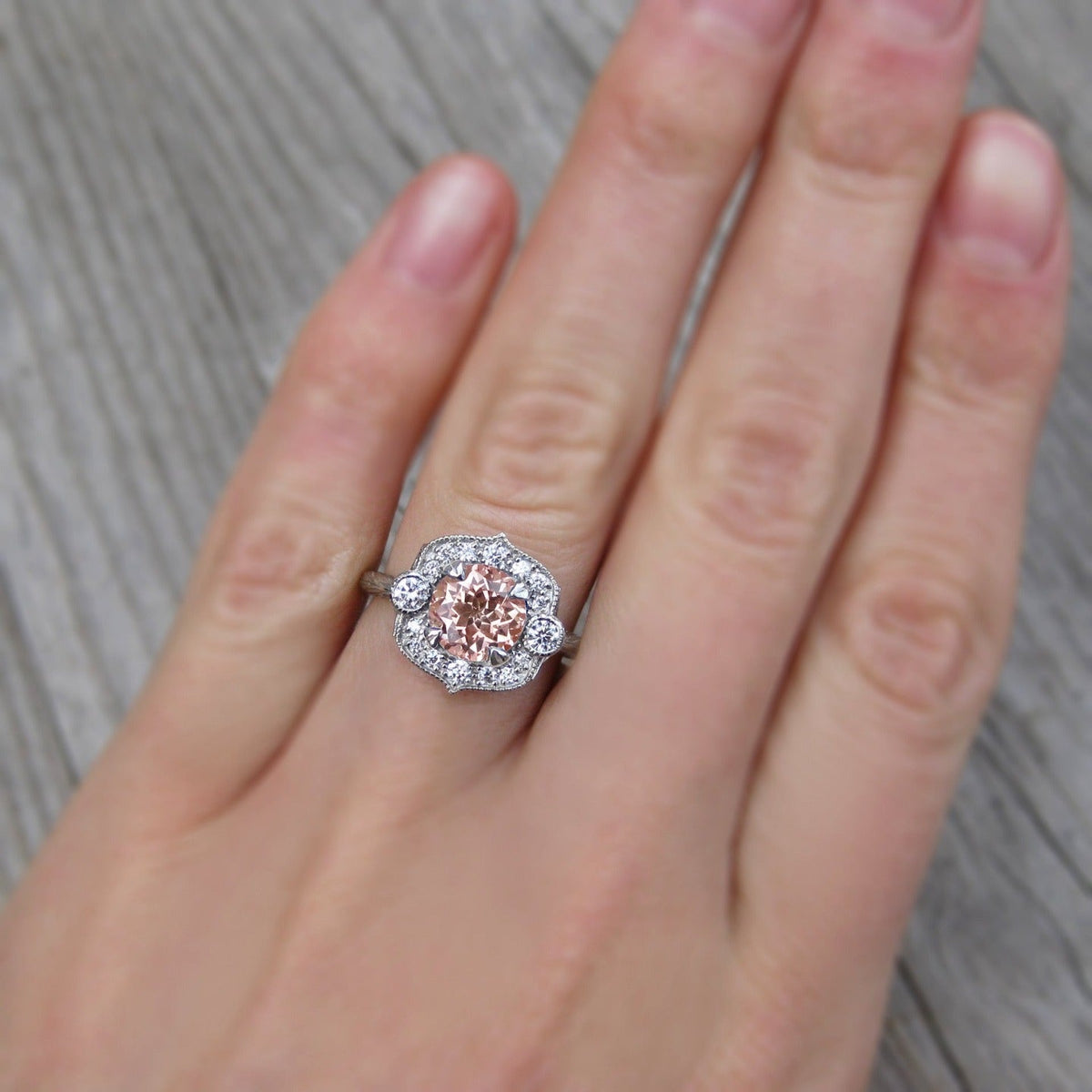 ・SADIE・Peach Sapphire Center, Diamond Halo (2.1ctw)