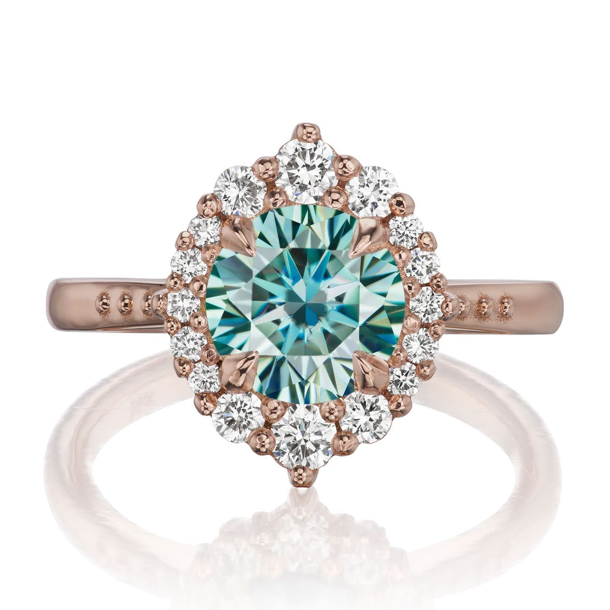 ・EMERSON・Aqua-Teal Iconic™ Moissanite Center, Diamond Halo (1.58ctw+)