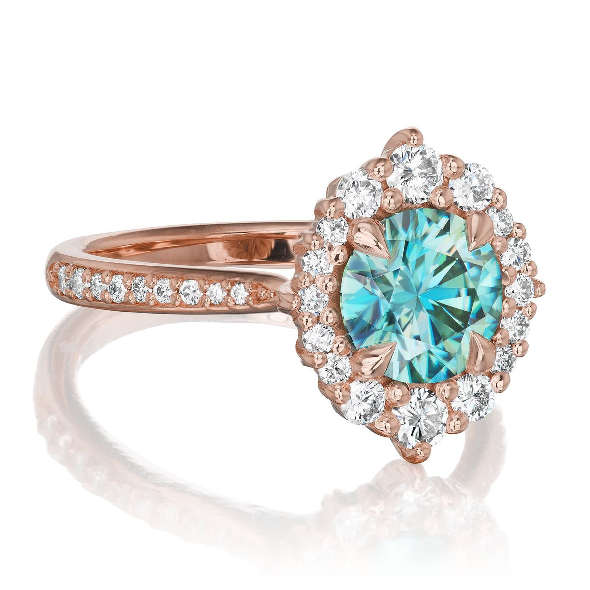 ・EMERSON・Aqua-Teal Iconic™ Moissanite Center, Diamond Halo (1.58ctw+)