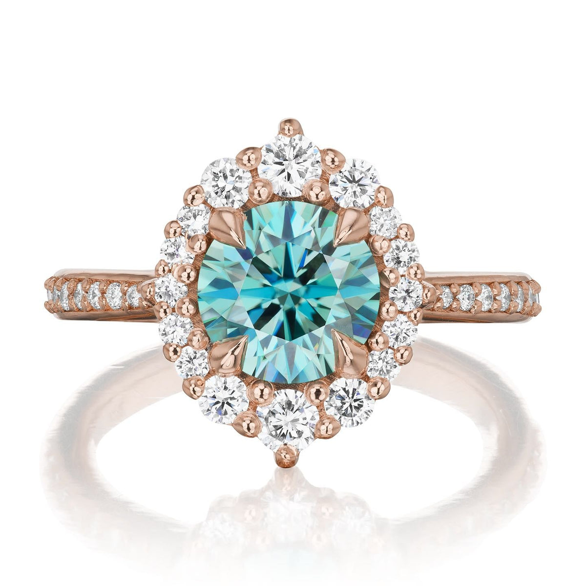 ・EMERSON・Aqua-Teal Iconic™ Moissanite Center, Diamond Halo (1.58ctw+)