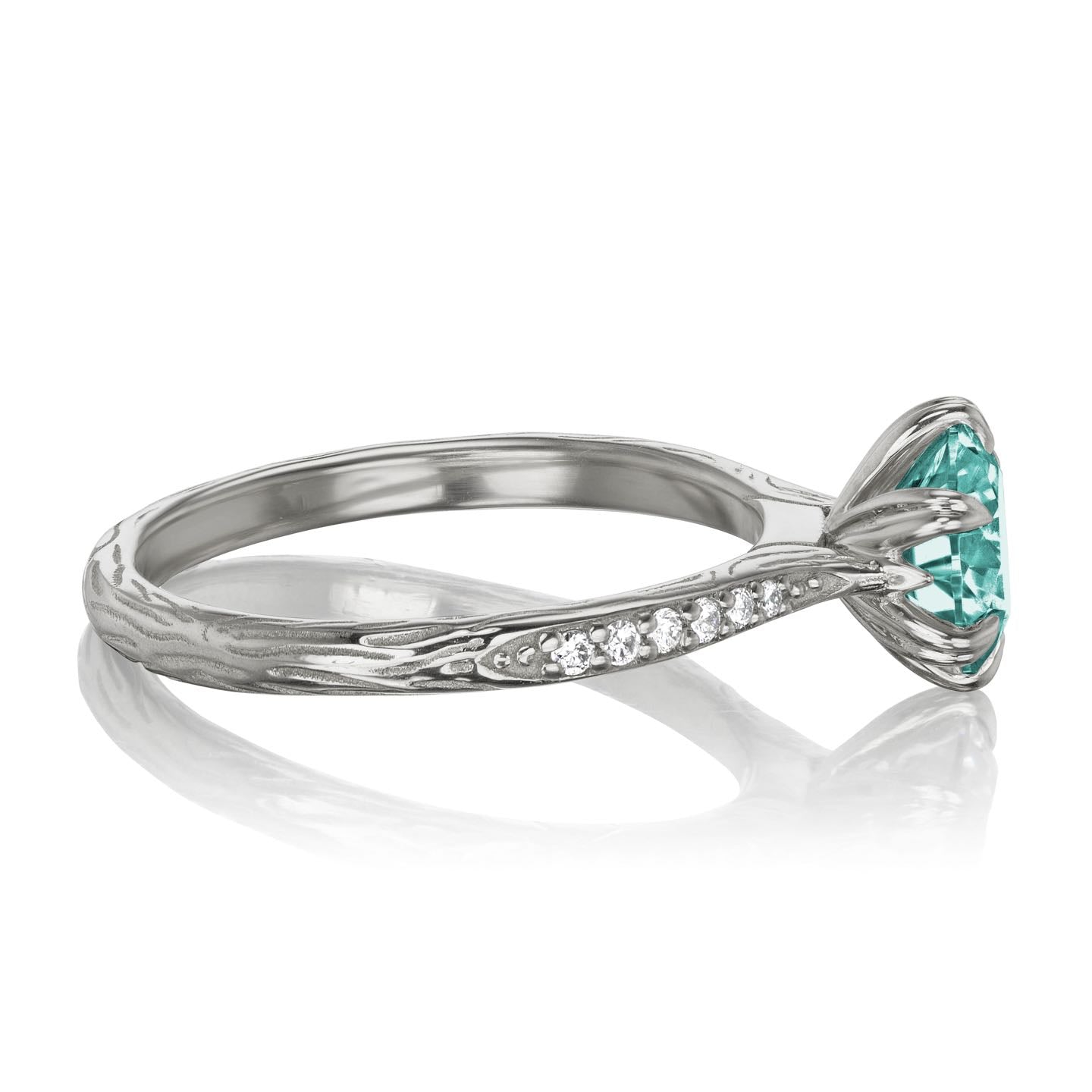 ・CAMILLE・Aqua-Teal Iconic™ Moissanite, Twig Textured Diamond Band (1.25ct Center)
