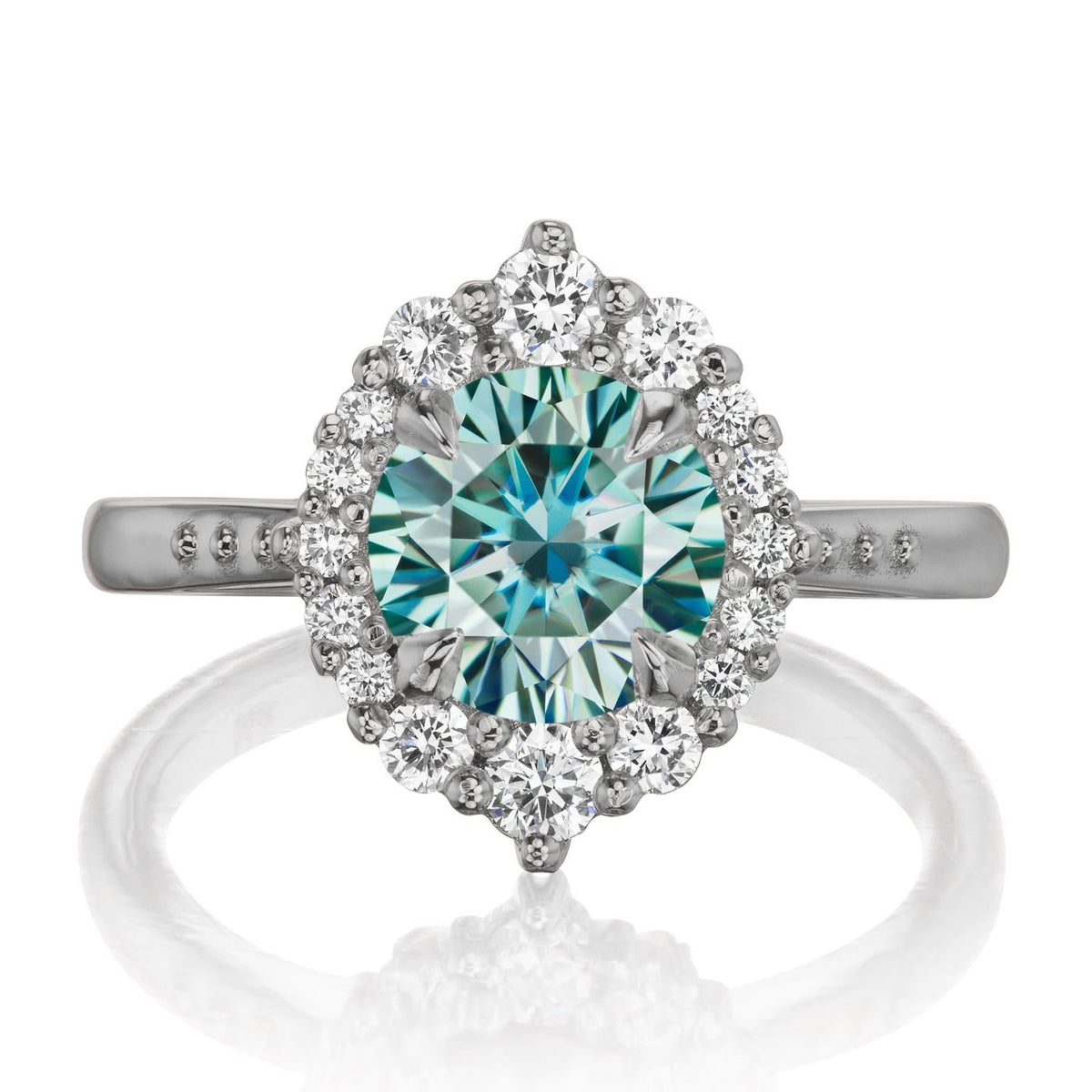 ・EMERSON・Aqua-Teal Iconic™ Moissanite Center, Diamond Halo (1.58ctw+)