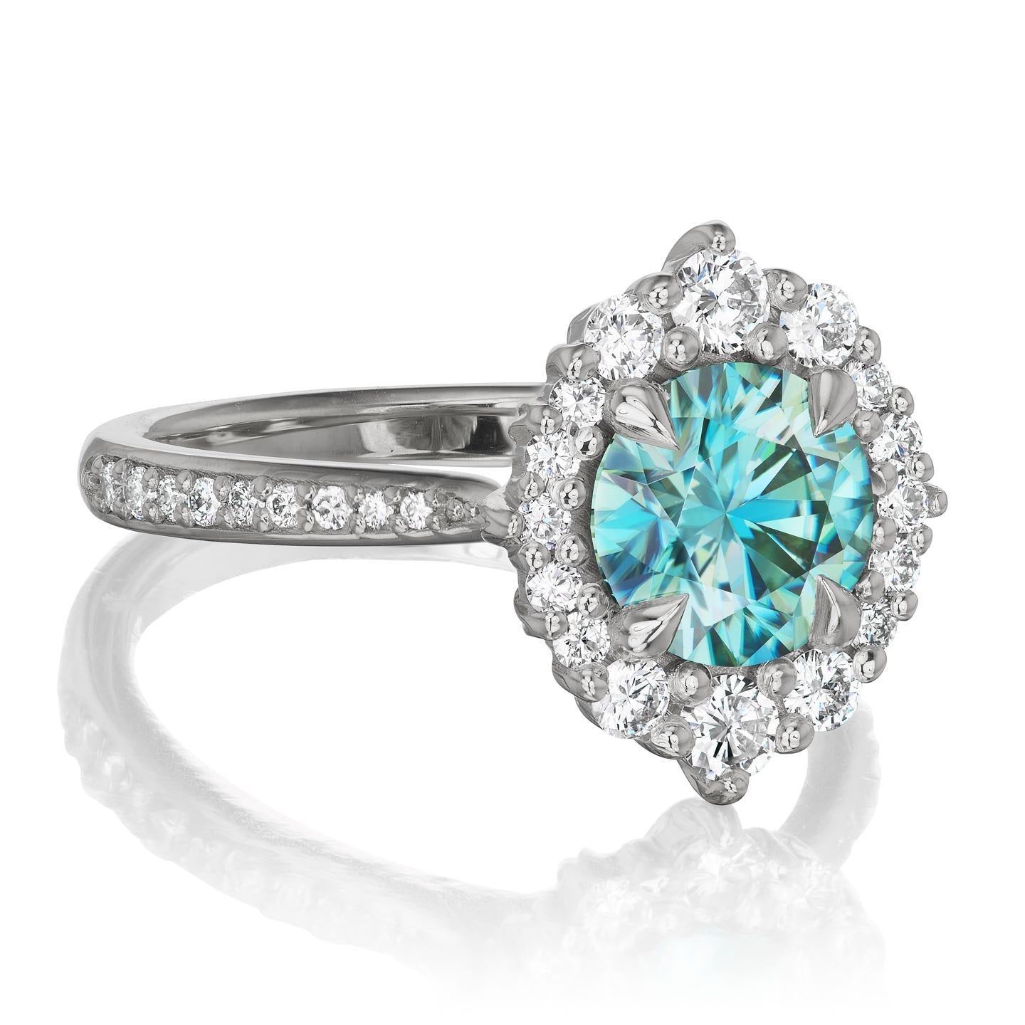 ・EMERSON・Aqua-Teal Iconic™ Moissanite Center, Diamond Halo (1.58ctw+)