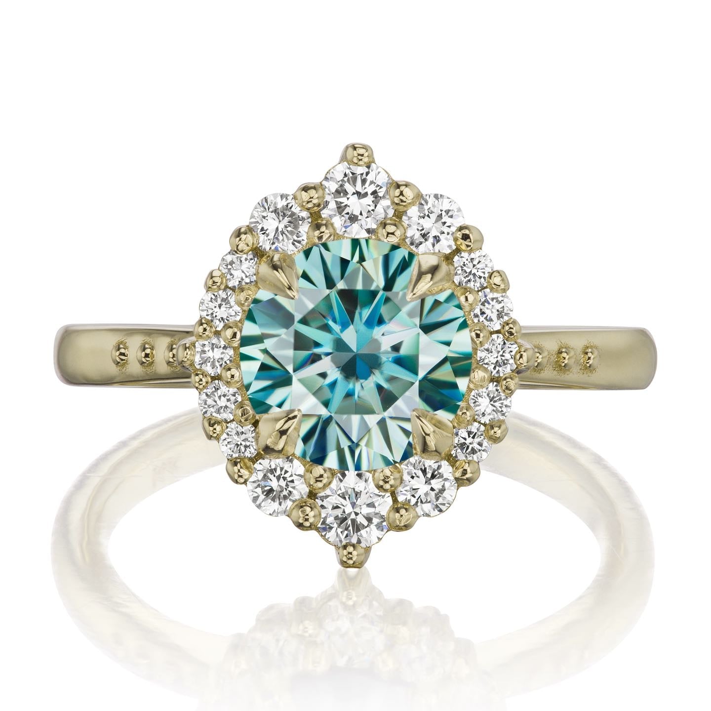 ・EMERSON・Aqua-Teal Iconic™ Moissanite Center, Diamond Halo (1.58ctw+)