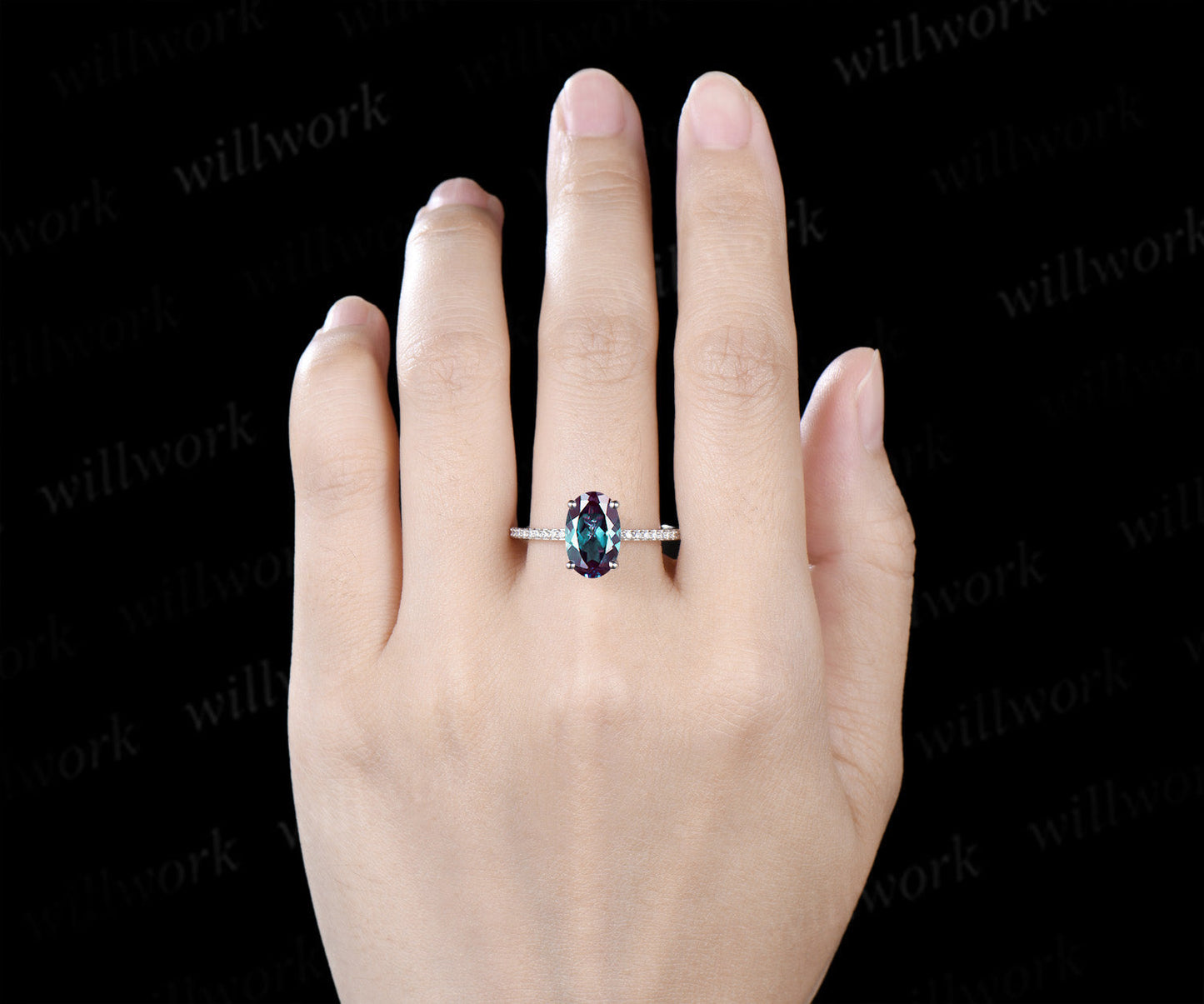7x11mm Oval Cut Alexandrite Engagement Ring Diamond Half Eternity Promise Ring Color Change Gemstone Ring
