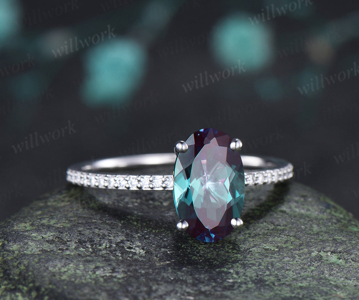 7x11mm Oval Cut Alexandrite Engagement Ring Diamond Half Eternity Promise Ring Color Change Gemstone Ring