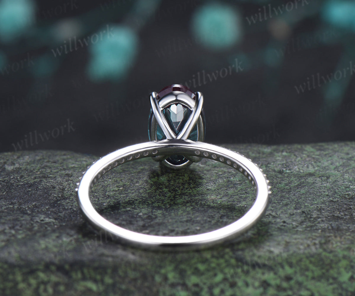 7x11mm Oval Cut Alexandrite Engagement Ring Diamond Half Eternity Promise Ring Color Change Gemstone Ring