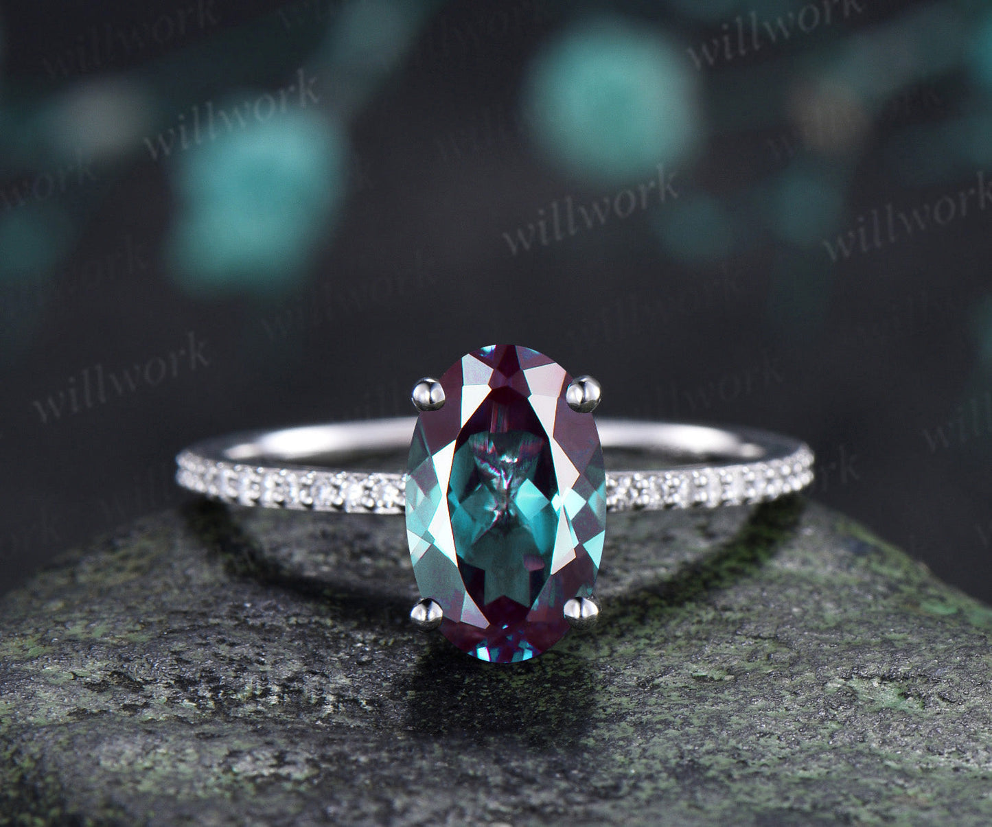7x11mm Oval Cut Alexandrite Engagement Ring Diamond Half Eternity Promise Ring Color Change Gemstone Ring
