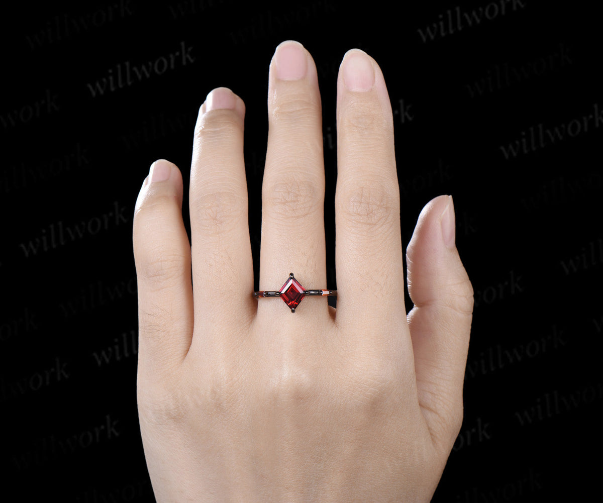 Kite Cut Garnet Couple Ring Set Rhombic Red Garnet Three Stone Engagement Ring & Black Mens Band Unique Matching Wedding Rings