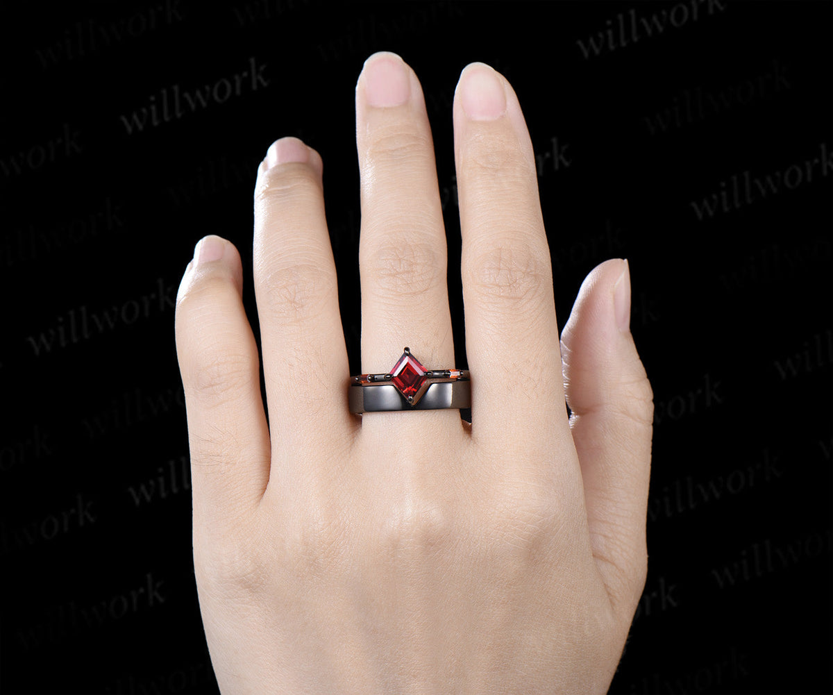Kite Cut Garnet Couple Ring Set Rhombic Red Garnet Three Stone Engagement Ring & Black Mens Band Unique Matching Wedding Rings