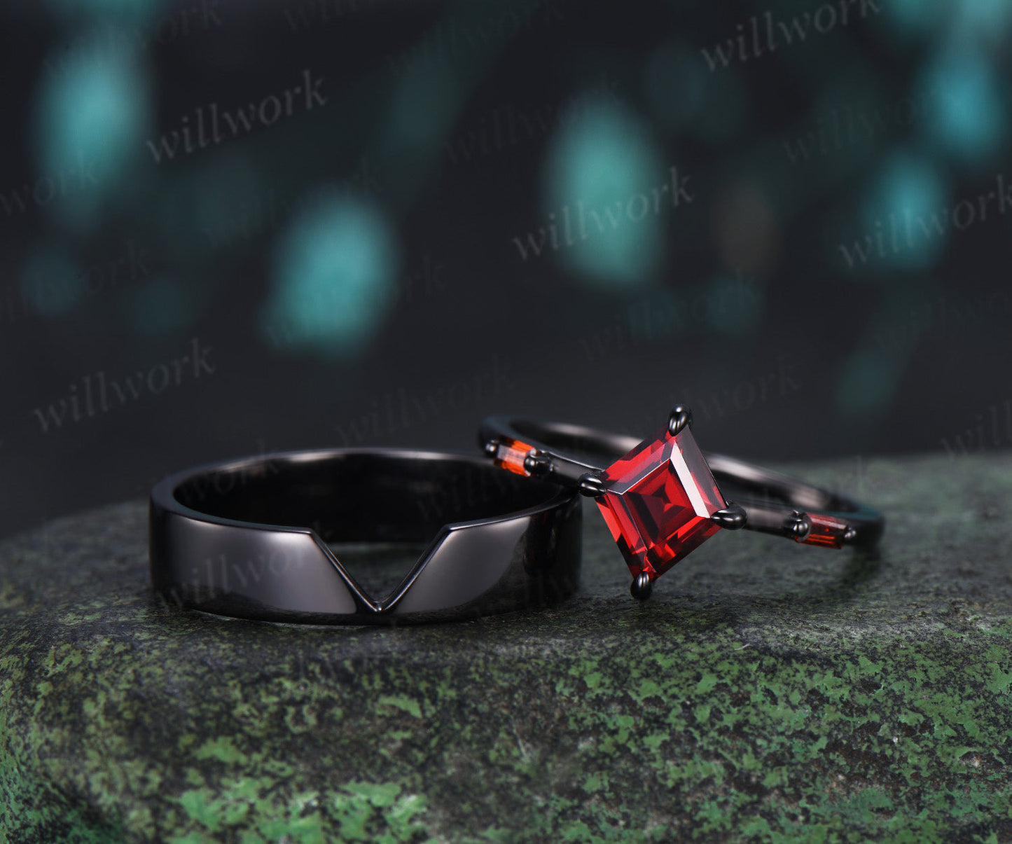 Kite Cut Garnet Couple Ring Set Rhombic Red Garnet Three Stone Engagement Ring & Black Mens Band Unique Matching Wedding Rings