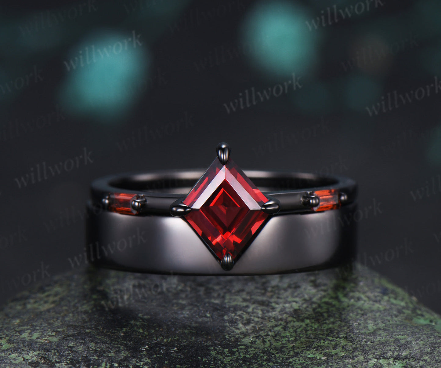 Kite Cut Garnet Couple Ring Set Rhombic Red Garnet Three Stone Engagement Ring & Black Mens Band Unique Matching Wedding Rings